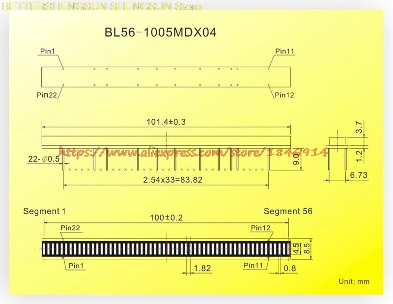 BL56-1005MD 56 szekciós piros kétszínű LED vonalkódkijelző eszköz, 100mm hosszú . ' - ' . 1
