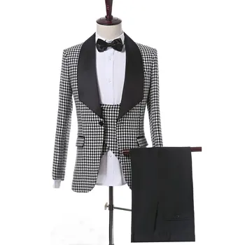 2023 Új design Houndstooth esküvői férfi öltöny formális divat 3 részes egygombos vőlegény Tuxedo Prom Slim Fit öltöny Legjobb férfi blézer