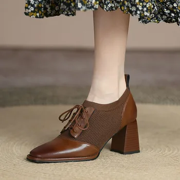 2024 Új Flashion női Oxford cipők Magas sarkú cipő Csupasz cipő hegyes orrú fűző Boka cipő Stretch vintage női cipő plusz Siz