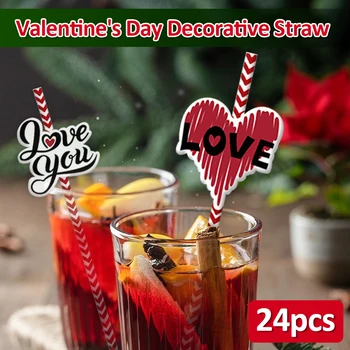24Db eldobható szívószál Valentin-napi dekorációs parti rendezvény Tej teáscsésze ivószívószál egyenes cső szalmarúd kiegészítők