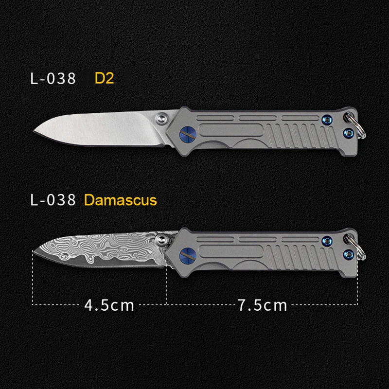 Damaszkusz D2 acél penge Mini összecsukható kés titánötvözet fogantyú Hordozható zsebkés EDC Kültéri kemping Önvédelmi eszközök GI . ' - ' . 2