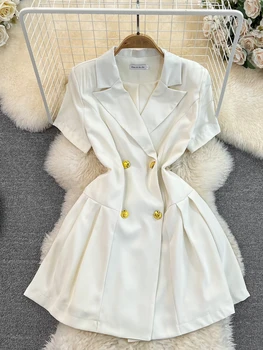Aibeautyer New Casual Spring Summer Solid Slim Button Short Lady Dress A Line Notched Collar Double Breasted Women Dresses