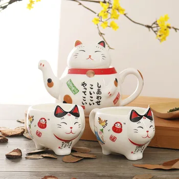 Aranyos japán szerencsés macska porcelán teáskészlet kreatív Maneki Neko kerámia teáscsésze szűrővel Lovely Plutus macska teáskanna bögre