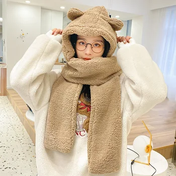 Aranyos medve füles kalap sál Női koreai stílusú őszi és téli vastagodás meleg fülbevaló sapka divatos kapucnis