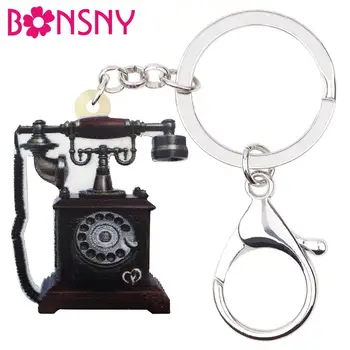 Bonsny akril fekete vintage telefon kulcstartó kulcstartók hipszter design ékszerek nőknek lányok szerelmeseinek charms ajándék dekoráció