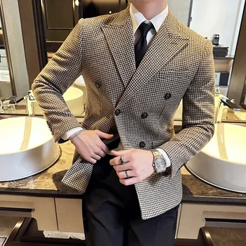 Brit stílusú férfi dupla mellű slim fit blézer 2023 Új Houndstooth Slim Fit öltönykabát Hivatalos üzleti esküvői ruha dzseki