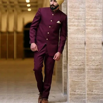 Burgundia India férfi öltönyök Blazer egymellű állvány Lapel Slim Fit formális üzleti jelmez 2 részes kabát nadrág Luxus Terno