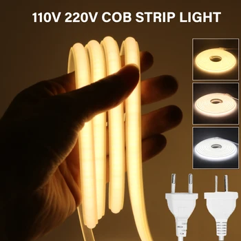 COB LED szalag lámpa 288Leds/m EU dugó 220V US dugó 110V RA90 kültéri kerti rugalmas LED szalag hálószoba konyhai világító lámpához