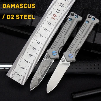 Damaszkusz D2 acél penge Mini összecsukható kés titánötvözet fogantyú Hordozható zsebkés EDC Kültéri kemping Önvédelmi eszközök GI