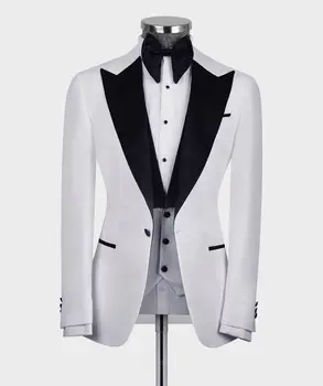 Egyedi gyártású fehér 2 részes blézermellény férfi öltöny egy gombos csúcsos fekete hajtóka Hivatalos parti esküvői vőlegény és méret szabott