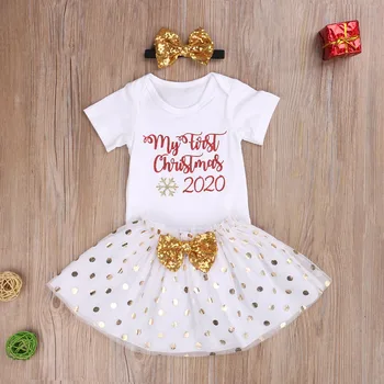 Emmababy újszülött kislány ruhák 2020 Első karácsonyi romper felsőim Tutu szoknya flitteres fejpánt 3Db ruhák Kislány ruhák