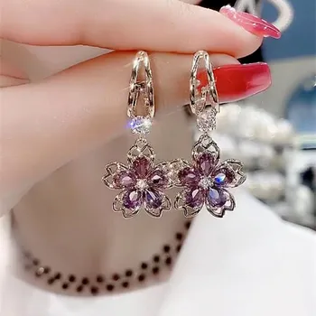 Fashion Ins lila kristályvirág lógó fülbevaló nőknek Koreai gyönyörű sziromcsepp fülbevaló esküvői zsúr ékszer ajándékok