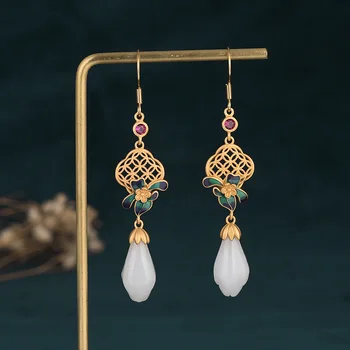 Fehér jáde magnólia fülbevaló ajándék ékszerek Valódi nők Kínai drágakövek Talizmánok ajándékok Jadeite Natural Luxury 925 Ezüst