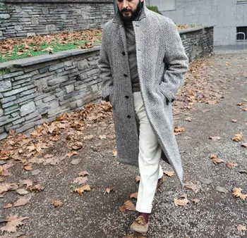 Herrigbone szürke hosszú kabát férfi öltönyök gombok kendő hajtóka munkaruha téli meleg kabát plus size egyedi szabású