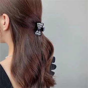 Houndstooth Bow Retro Small Claw Clips Bangs Hair Spins Women Fashion Hair Claw Headwear