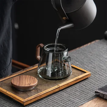 hőálló teavízelválasztó üveg teáskanna fa fedéllel Virág puer üveg teáskanna teaszűrővel Teaware