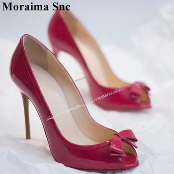 Kecses stílus Rózsapiros lakkbőr csokorcsomó pumpák Tűsarkú magassarkú női cipő Slip-On Peep Toe 2024 Zapatos Para Mujere