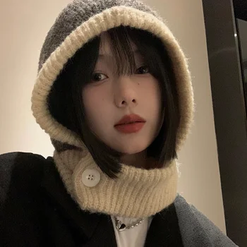 Korea Retro Balaclava kalap női sál téli kalap és nyak hidegálló meleg kötött sapka női divat szín Megfelelő női kalapok