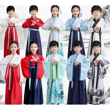 Kínai ősi hagyományos új ruhakészlet gyereknek, fiúnak, lánynak, hosszú ujjú néptáncnak Hanfu tintafestés nyomatos előadói ruha