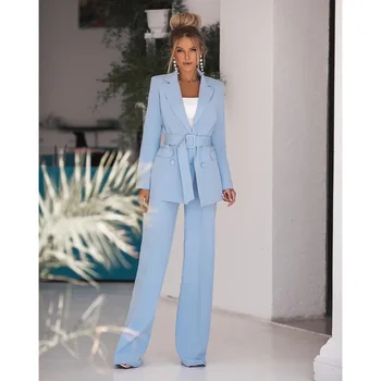 Luxus női öltönyök munka Egyszínű rovátkolt hajtóka Dupla mellű irodai hölgy alkalmi Balzer Coatume Terno kétrészes kabát nadrág