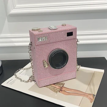 Mini Box Crossbody táska hölgylányoknak Kamera forma design Kreatív kézitáska pénztárca Luxus ezüstös fényes fém Messenger táska Női