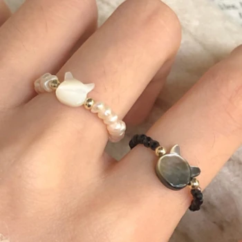 Natural Moonstone Obszidián gyűrűk Női kristálygyöngyök minimalista aranyos fekete fehér macska pár gyűrű Uniszex állítható ékszerek