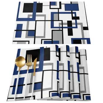 Nordic Retro Geometric Absztrakt kék étkező tányéralátét asztali szőnyegek Konyhai mosogatószőnyeg pad 4/6db asztali szőnyeg lakberendezés