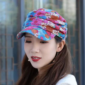 Női etnikai stílusú kalap Koreai rövid karimájú összecsukható sisakrostély sapka Virágmintás őszi nyári állítható kalap Napi ruházat