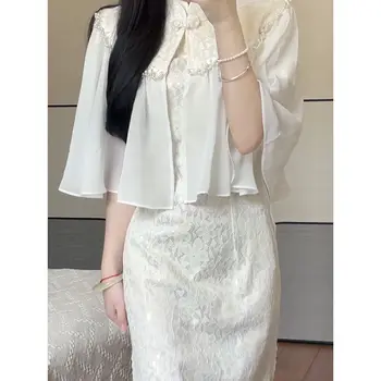 Női fehér csipke Cheongsam kendővel Vintage kínai hagyományos rövid ujjú ruhák Hosszú ruha szett Nyári szexi Qipao