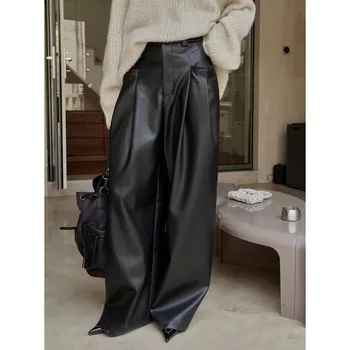 Nők Magas derekú vintage divat laza alkalmi széles szárú puha bőr táskás nadrág irodai hölgy koreai utcai ruha hosszú nadrág