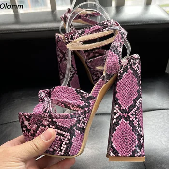 Olomm Handmade Women Summer Sandals Snake Chunky Heels Open Toe Gorgeous Fuchsia Party Shoes Ladies Size 35 43 44 45 46 47