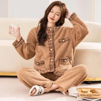 QSROCIO téli női pizsama szett fannel vastagított hosszú ujjú zseb Homewear Divat Szabadidő hálóruha Meleg Kiváló minőség