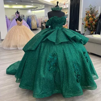 Smaragdzöld Fényes Quinceanera ruhák Báli ruha Applique Crystal 3DFlower Sweet 16 Ruhák Születésnapi Party vestidos de