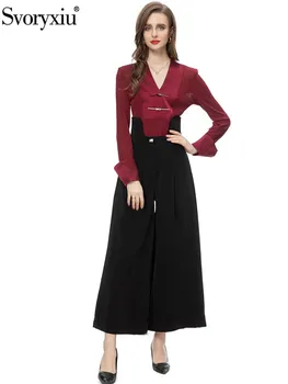 Svoryxiu Runway Őszi vintage ünnepi party nadrág öltöny Női hosszú ujjú egyenes ing felsők+magas derékú széles szárú nadrág