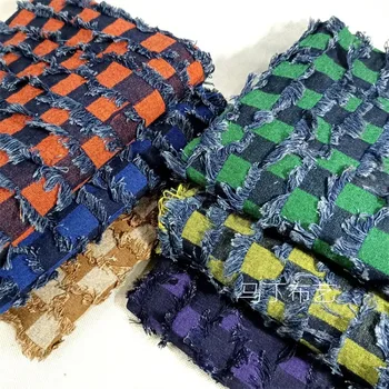 Színes bojt kockás tábla farmer szövet vastag kabát nadrág Ruházati tervező Kézzel készített pamut divatszövetek szövet DIY varrás