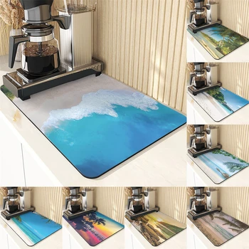 Természetes táj stílus dekoráció és asztali kiegészítők Csésze állvány asztali szőnyegek étkezőasztalhoz Strand nyomtató szőnyegek Mosogatógép szőnyeg szárítás