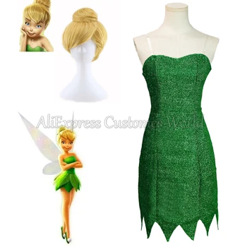 Tinker Bell zöld ruha Pixie Fairy Cosplay jelmez Tinkerbell egyenruhák Sárga parókák Halloween party szexi cosplay mini ruhák