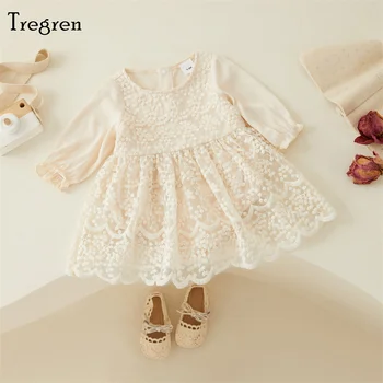 Tregren Aranyos csecsemő kislány Romper ruha tavaszi ősz hosszú ujjú kerek nyakú patchwork csipke party hercegnő ruha 0-18M