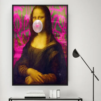 Vászon Festés Fali művészet Mona Lisa Fehér buborékgumi Minimalista Északi stílusú nyomtatás és plakátok Kép Belső dekoráció